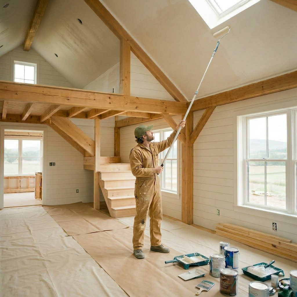 Worker on ladder painting vaulted ceiling in farmhouse