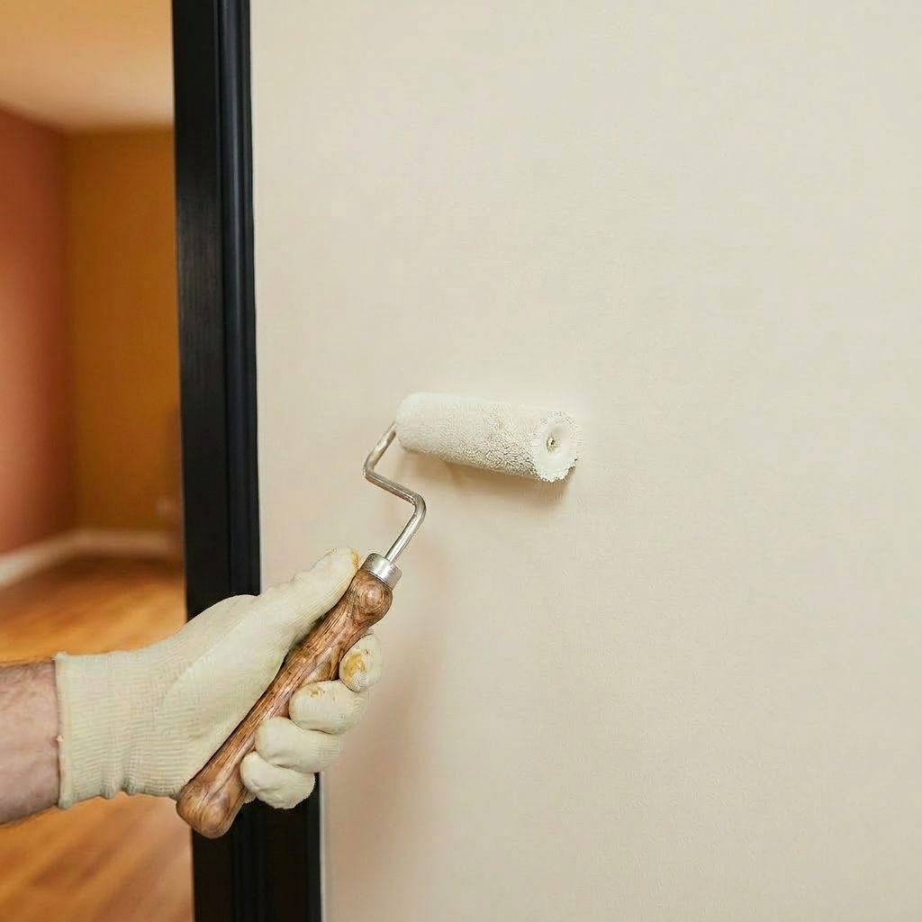 Man using paint roller to paint interior door black