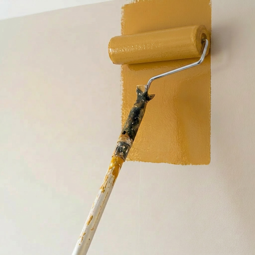 Man painting wall with roller applying light grey paint