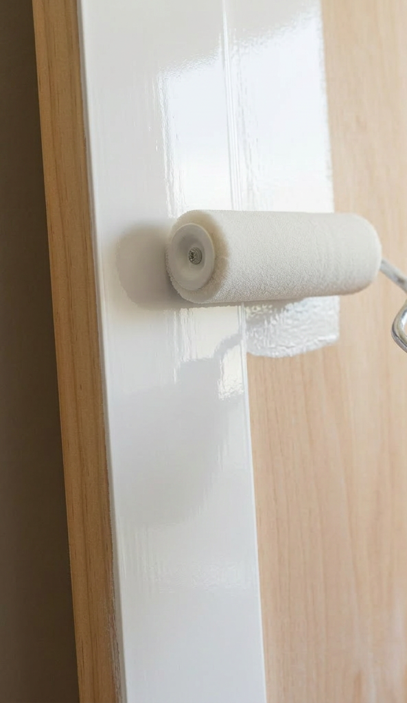 Hand painting a wooden panel white with a paint roller