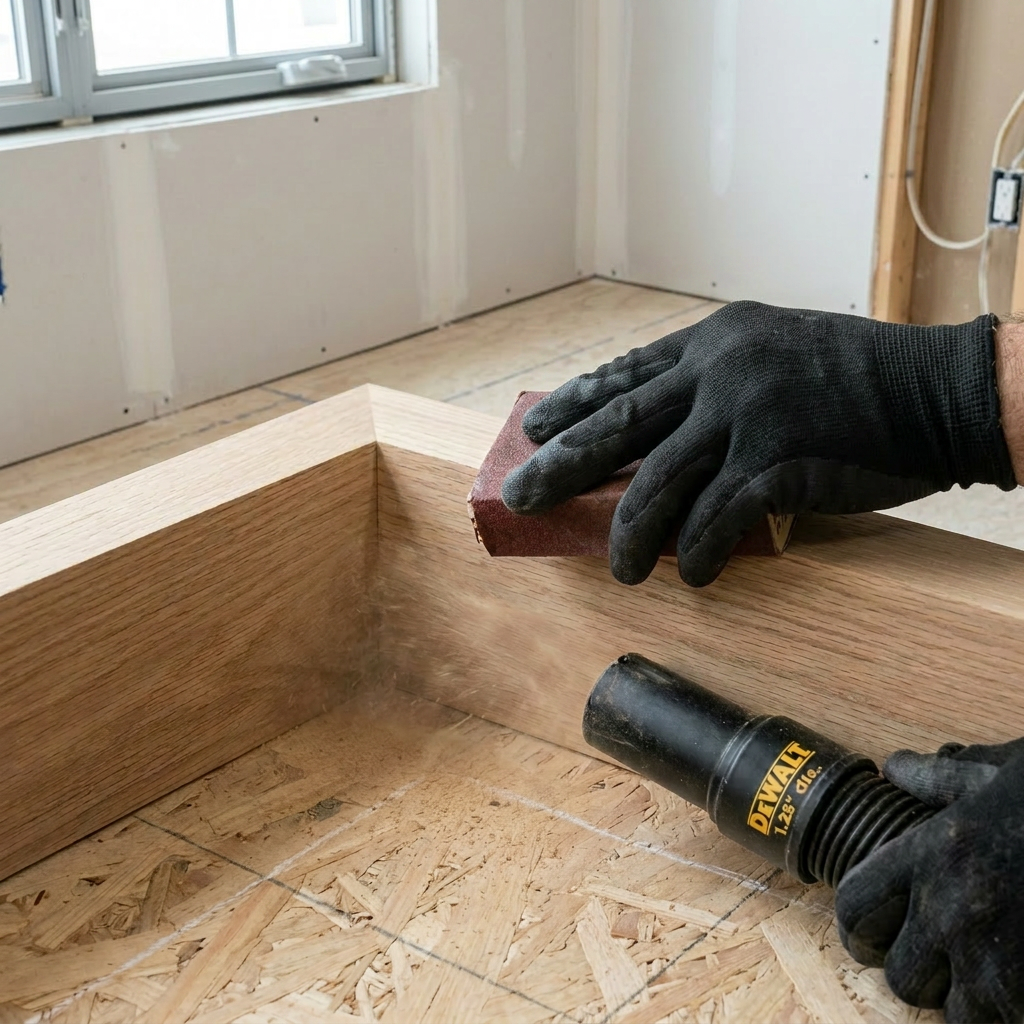 Hand sanding corner of a wooden frame with sandpaper near DEWALT dust extraction hose