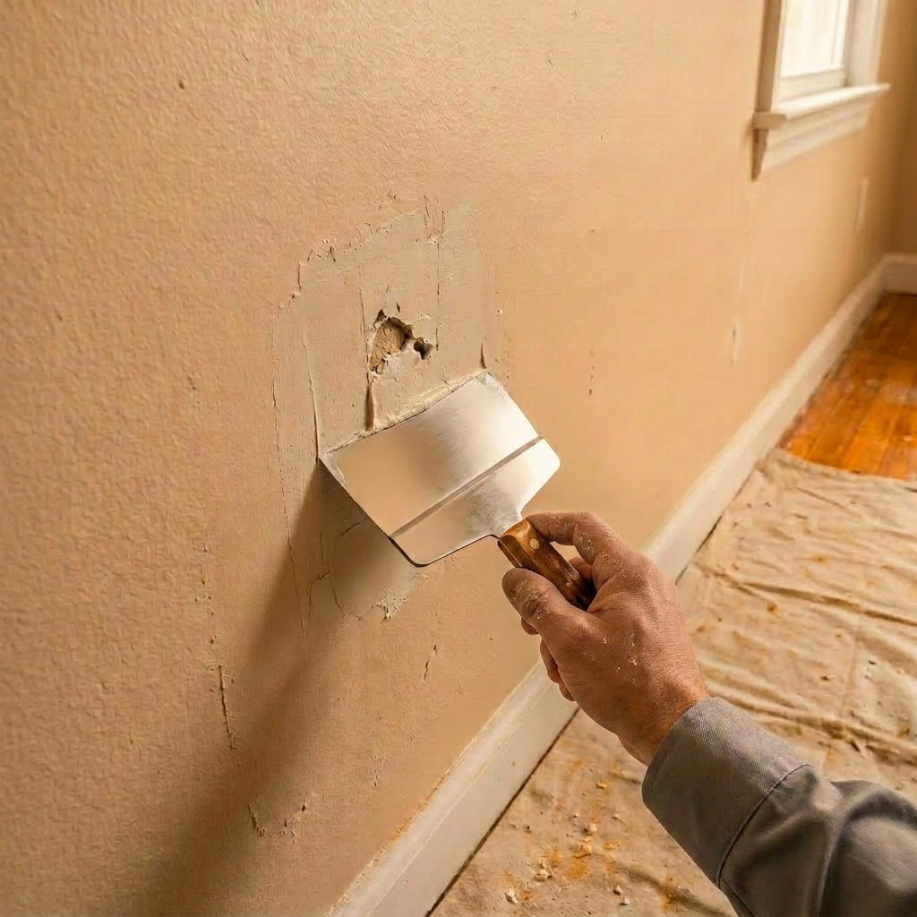 Hand applying joint compound to a hole in a wall with a putty knife