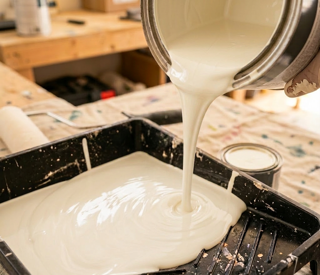 Teal paint being poured from a can into a black paint tray with a roller nearby