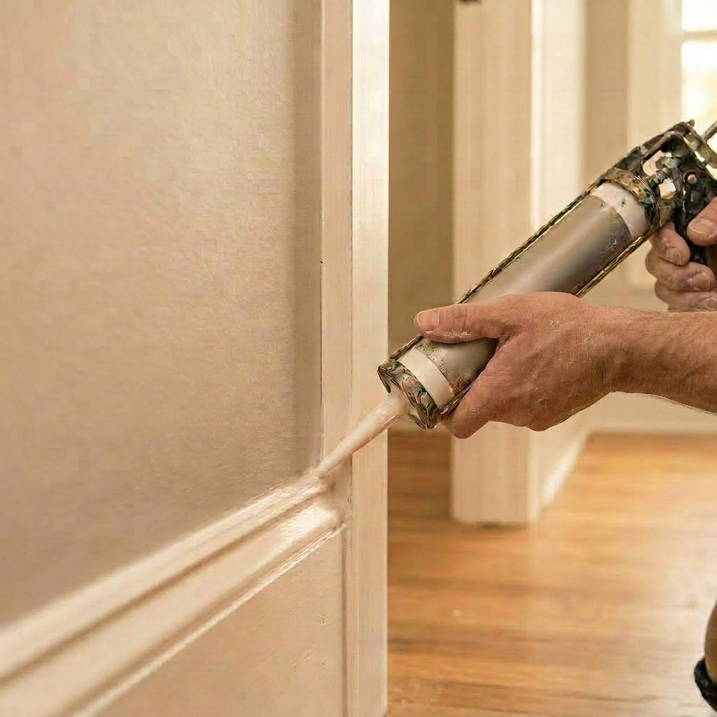 Hand applying white caulk to baseboard trim with a caulking gun